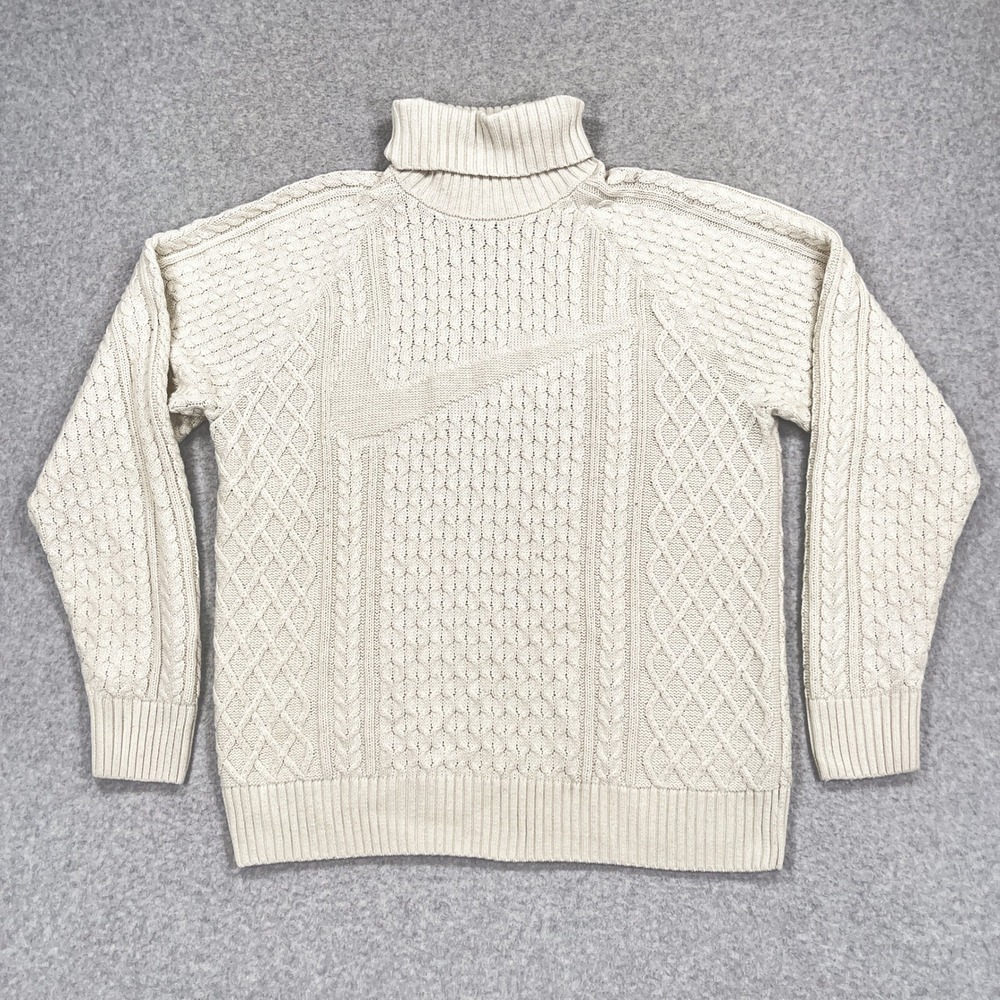 Nike Cable Knit Sweater Mens Small Ivory Turtleneck Swoosh Knit FB7770-072